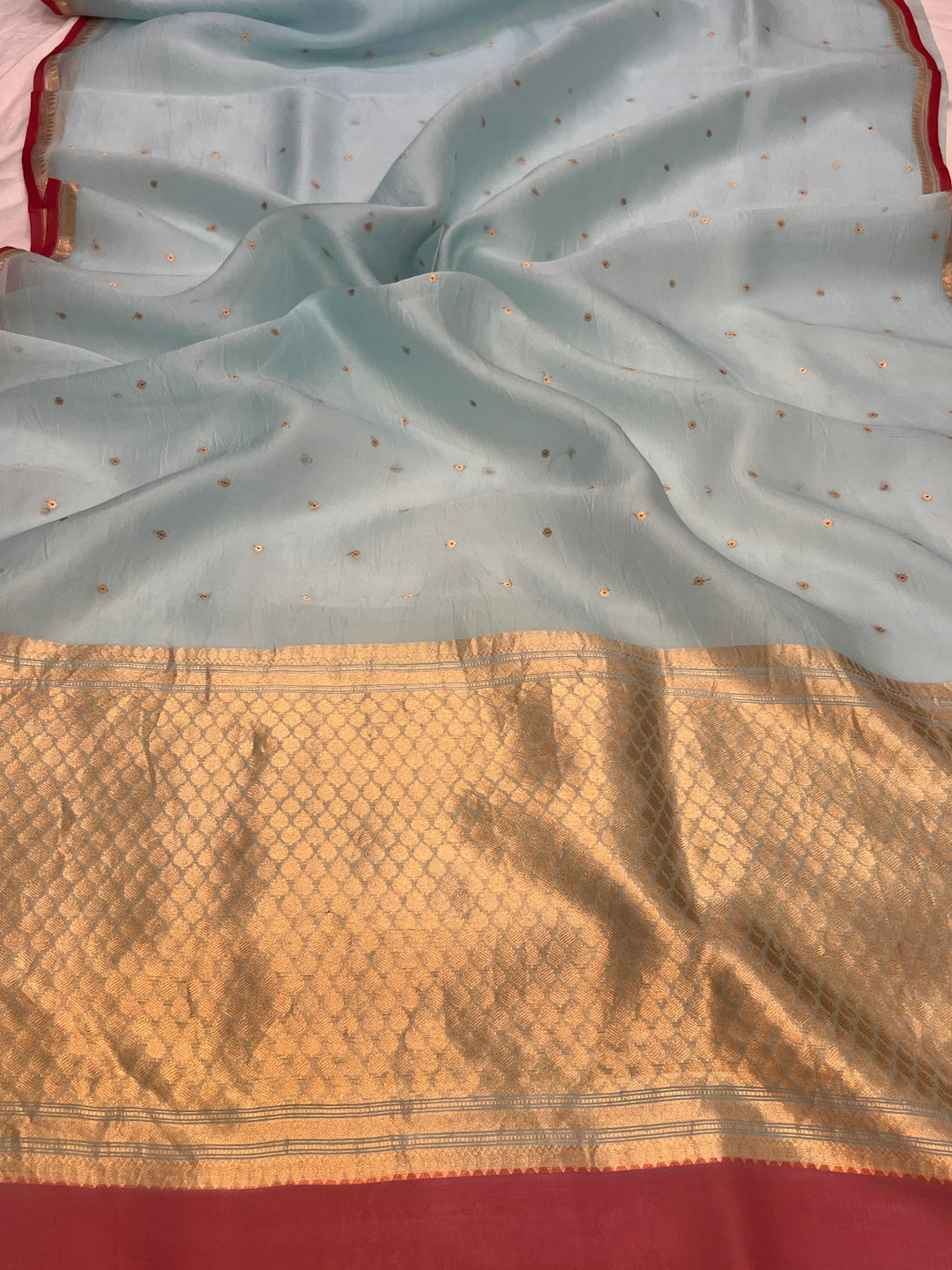 Pale Blue Kora Silk Banarasi Saree with Zari Butis 
