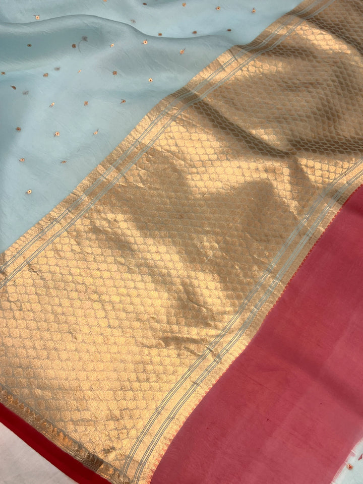 Pale Blue Kora Silk Banarasi Saree with Zari Butis 