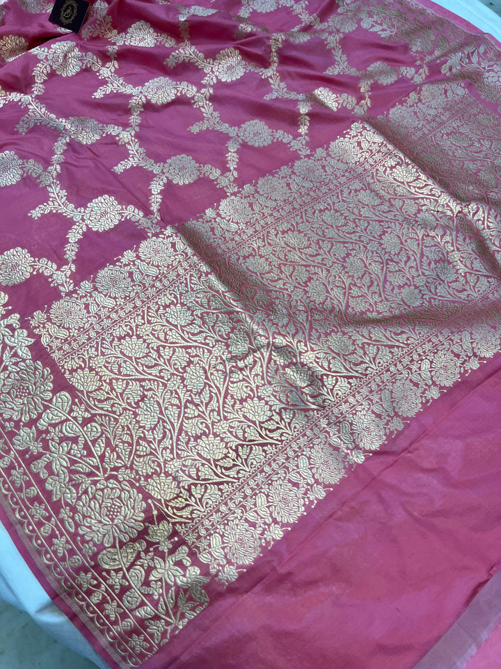 Strawberry Pink Pure Banarasi Handloom Katan Silk Saree - Aura Benaras