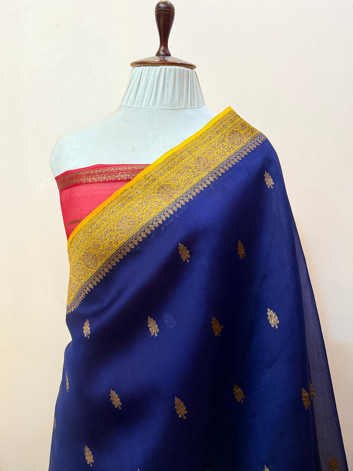 Navy Blue Pure Kora Silk Handloom Banarasi Saree