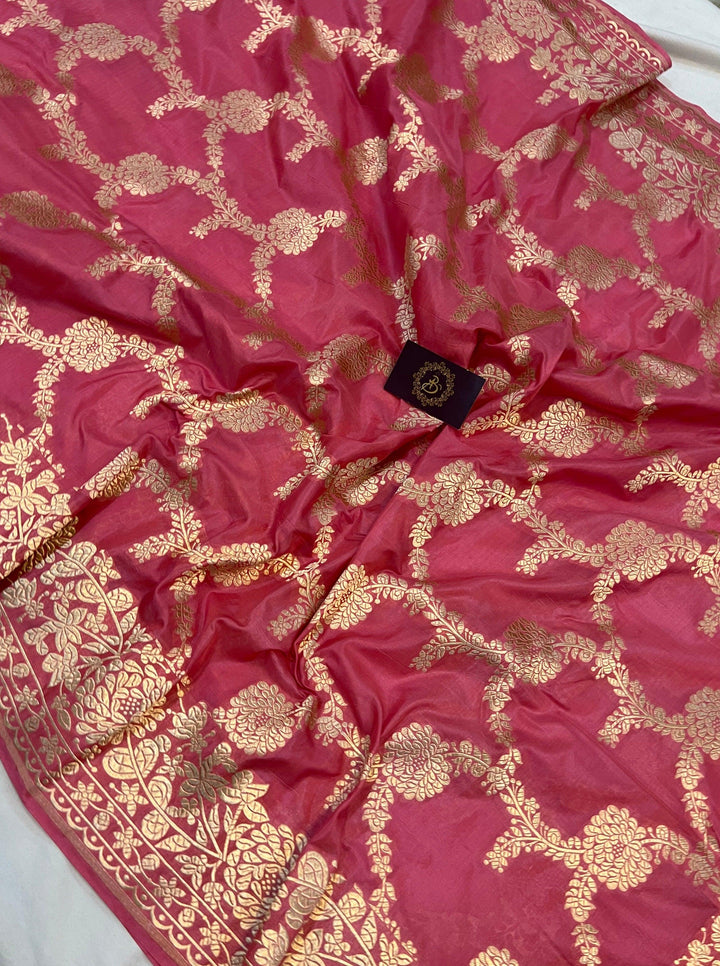 Strawberry Pink Pure Banarasi Handloom Katan Silk Saree - Aura Benaras
