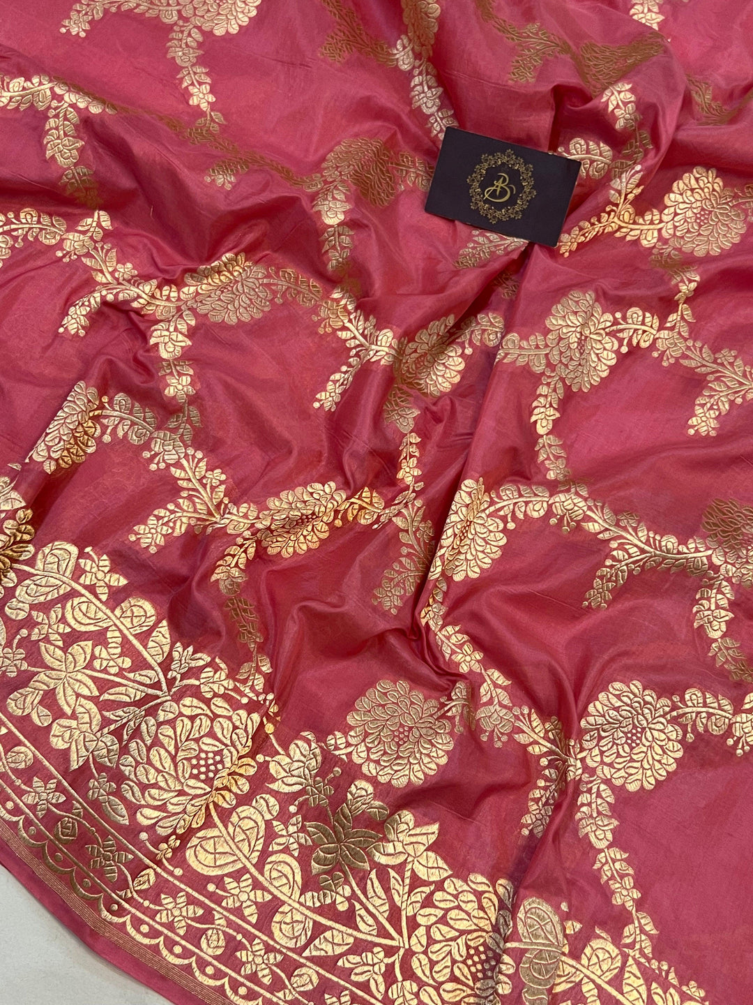 Strawberry Pink Pure Banarasi Handloom Katan Silk Saree - Aura Benaras