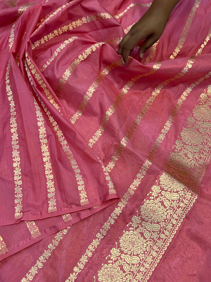 Strawberry Pink Pure Banarasi Handloom Katan Silk Saree - Aura Benaras
