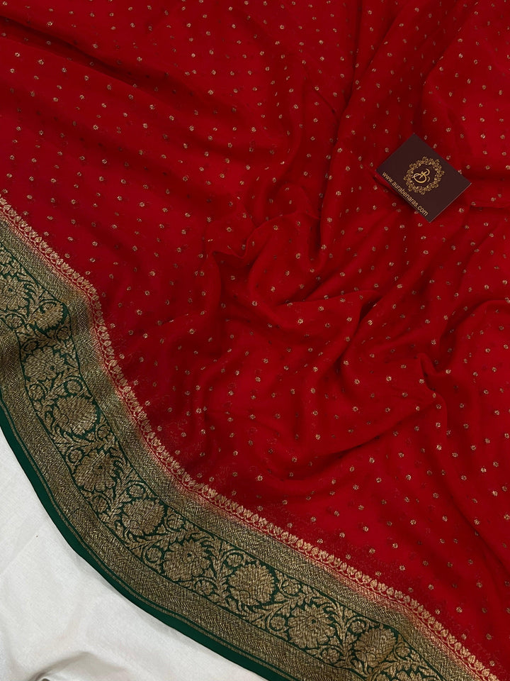 Red Pure Banarasi Khaddi Georgette Saree - Aura Benaras