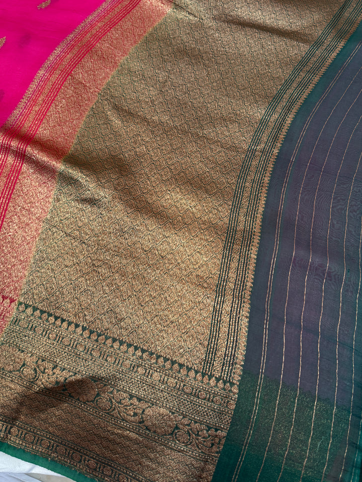 Rani Pink Pure Kora Silk Handloom Banarasi Saree