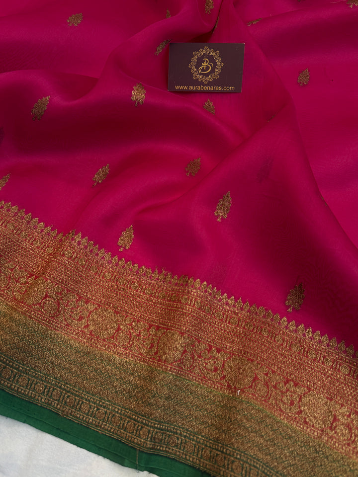 Rani Pink Pure Kora Silk Handloom Banarasi Saree