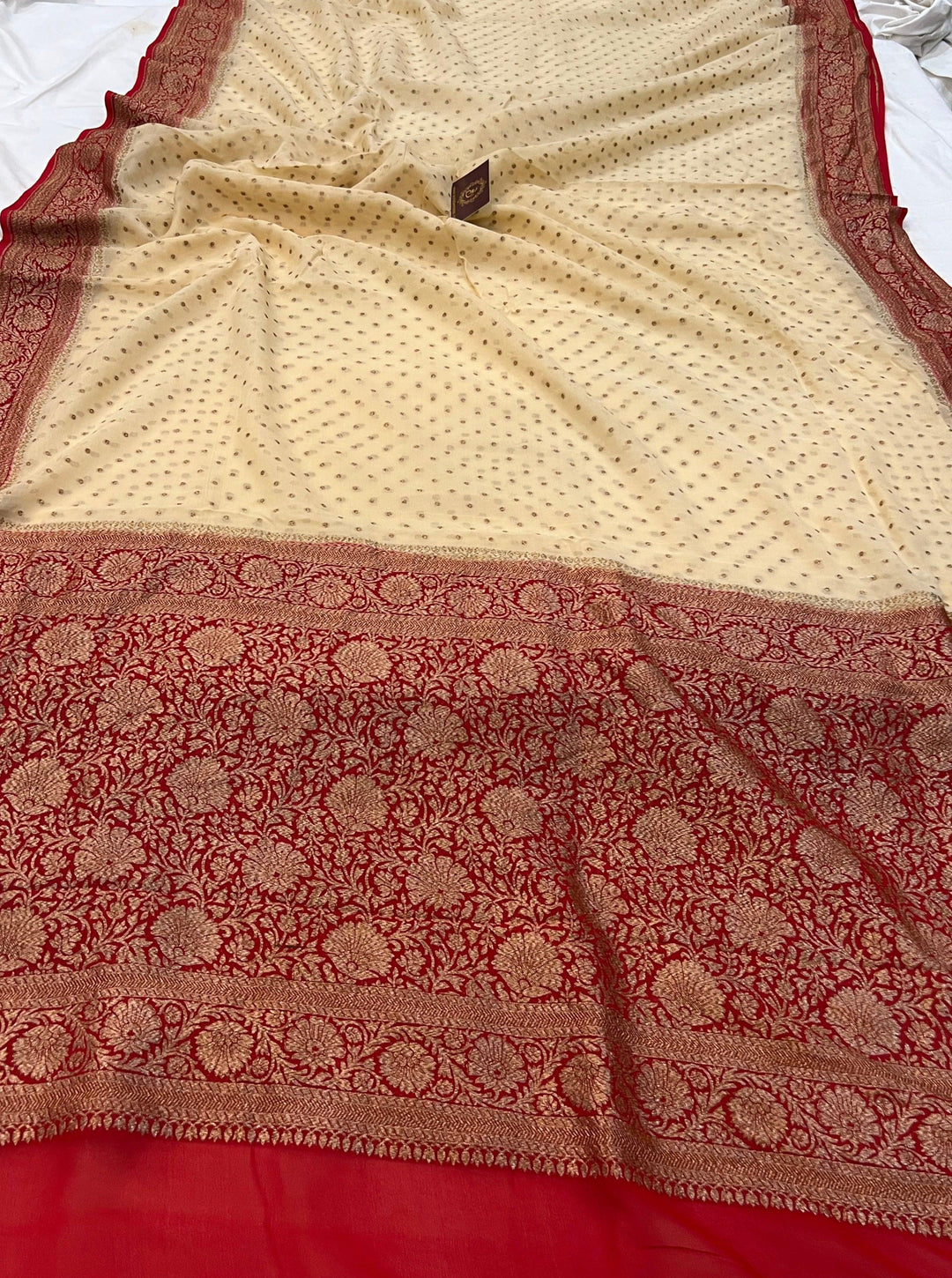 Beige Pure Banarasi Khaddi Georgette Saree - Aura Benaras