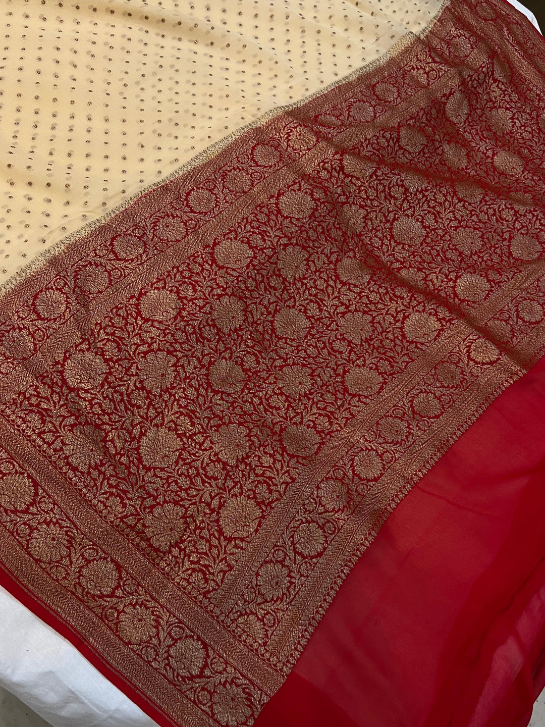 Beige Pure Banarasi Khaddi Georgette Saree - Aura Benaras