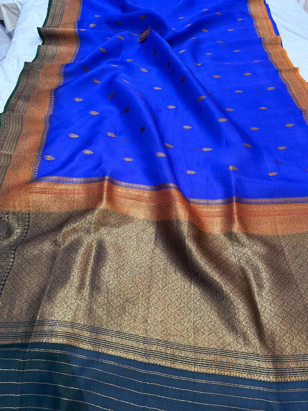 Royal Blue Pure Kora Silk Handloom Banarasi Saree