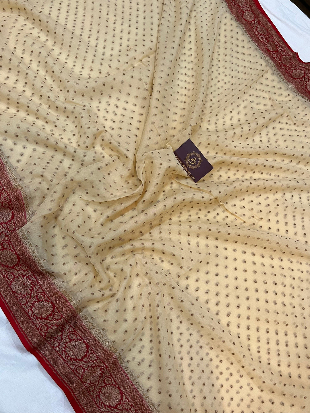 Beige Pure Banarasi Khaddi Georgette Saree - Aura Benaras