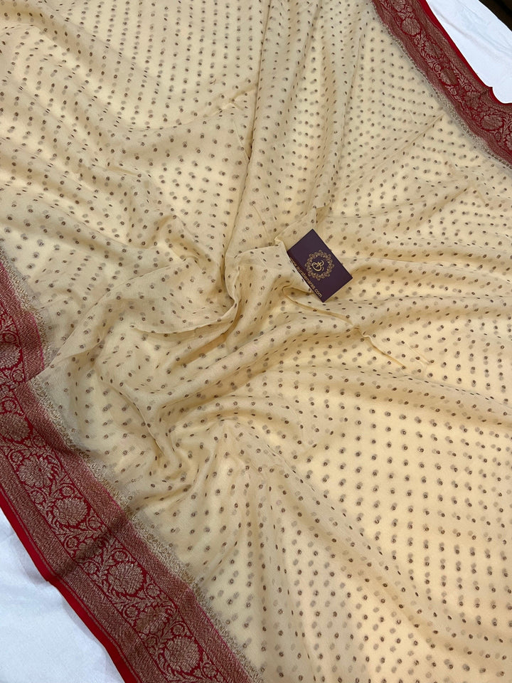 Beige Pure Banarasi Khaddi Georgette Saree - Aura Benaras