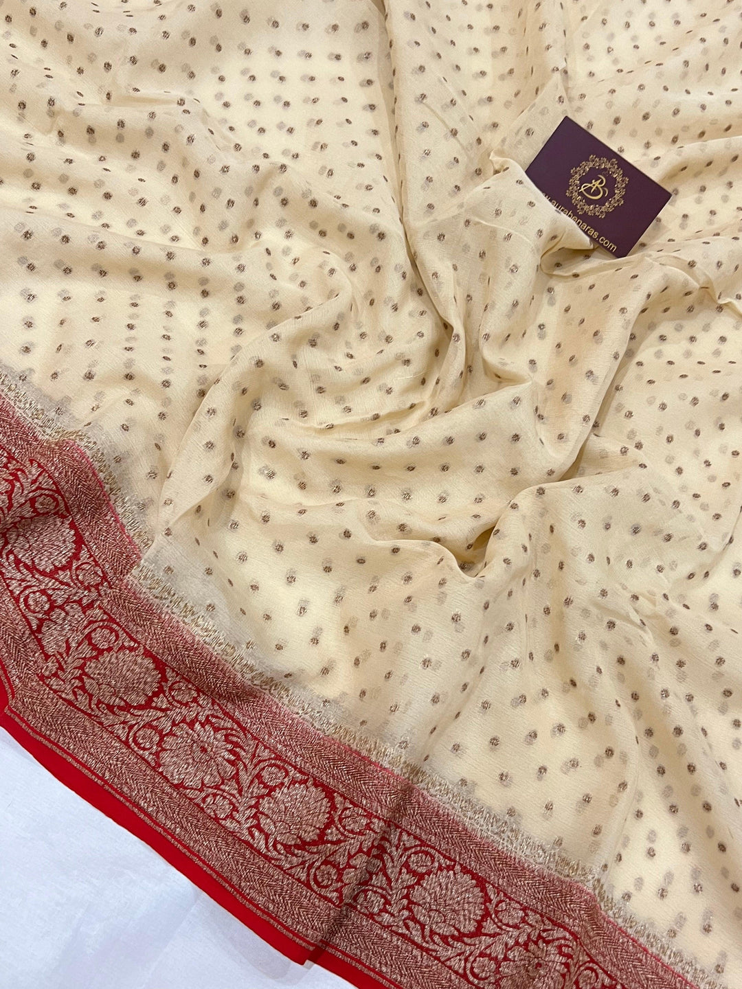 Beige Pure Banarasi Khaddi Georgette Saree - Aura Benaras