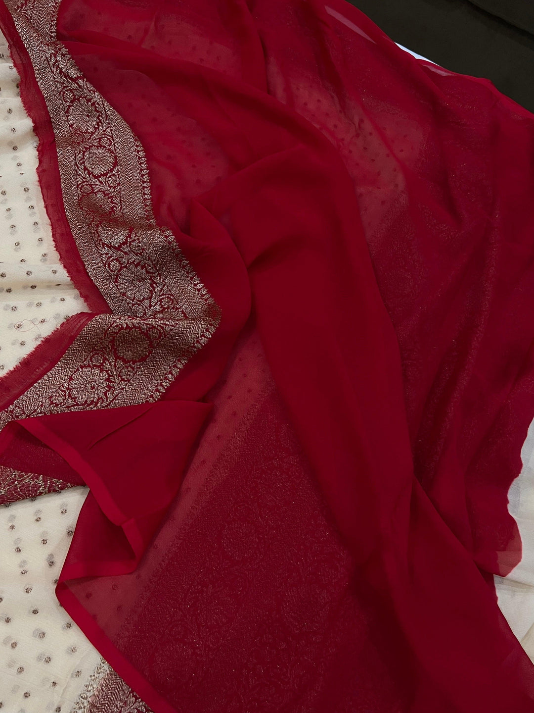 Beige Pure Banarasi Khaddi Georgette Saree - Aura Benaras