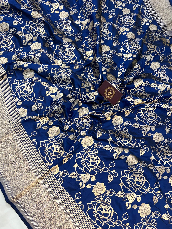 Deep Royal Blue Pure Banarasi Handloom Katan Silk Saree - Aura Benaras