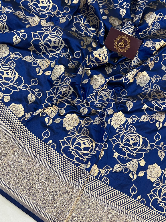 Deep Royal Blue Pure Banarasi Handloom Katan Silk Saree - Aura Benaras