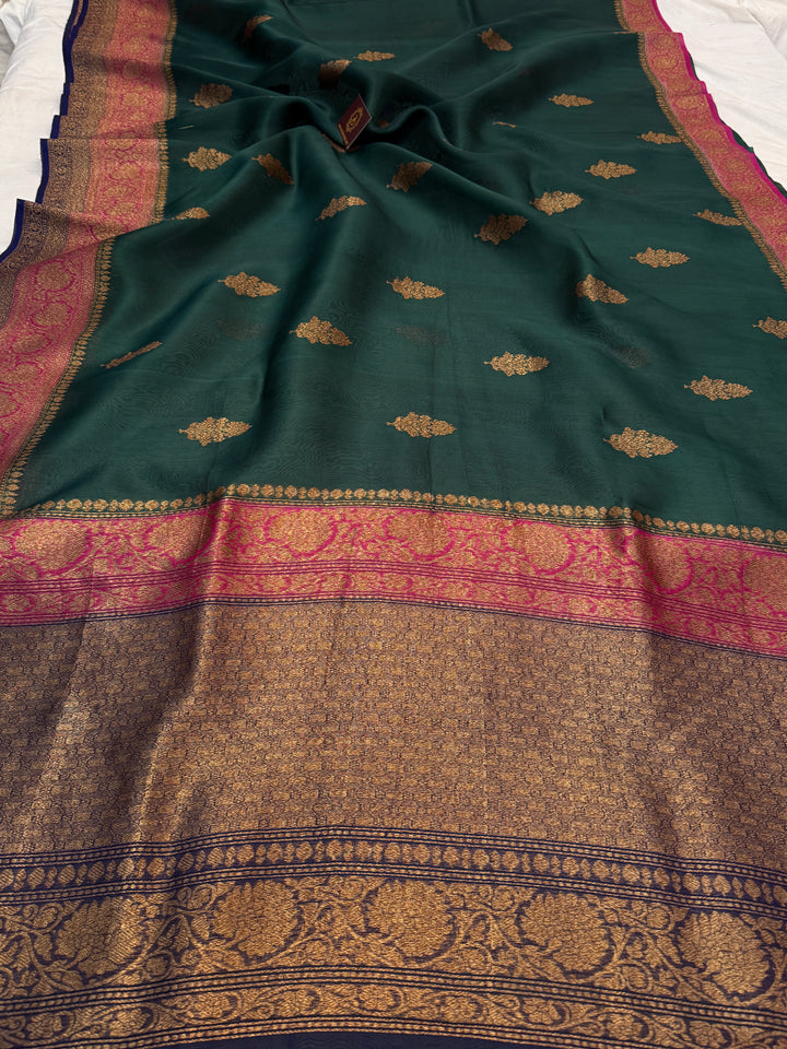 Bottle Green Pure Kora Silk Handloom Banarasi Saree