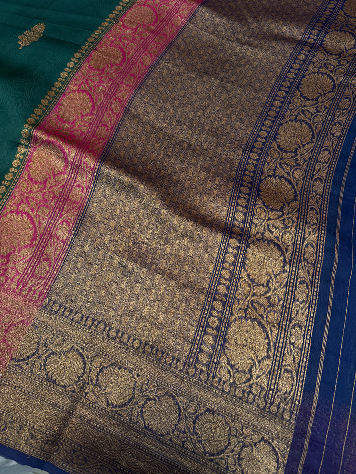 Bottle Green Pure Kora Silk Handloom Banarasi Saree