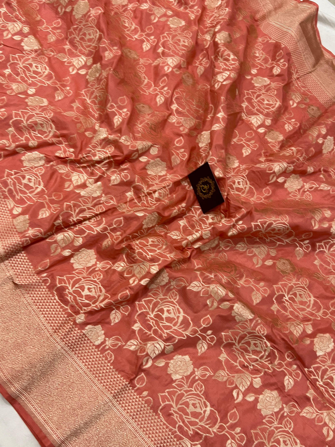 Peach Pure Banarasi Handloom Katan Silk Saree - Aura Benaras