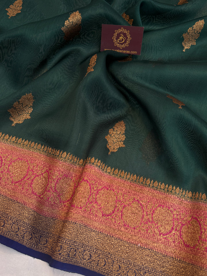 Bottle Green Pure Kora Silk Handloom Banarasi Saree