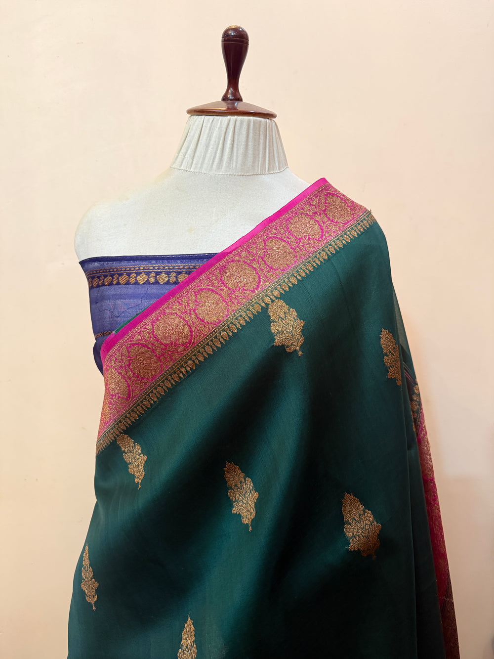 Bottle Green Pure Kora Silk Handloom Banarasi Saree