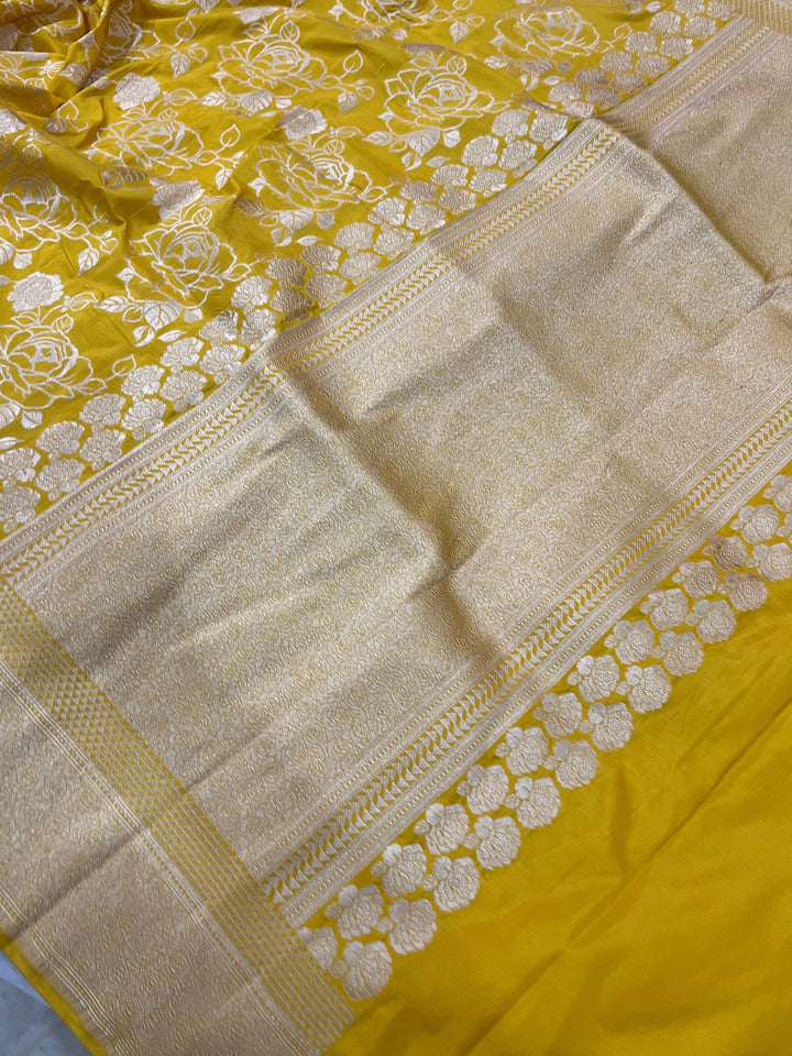 Yellow Pure Banarasi Handloom Katan Silk Saree - Aura Benaras