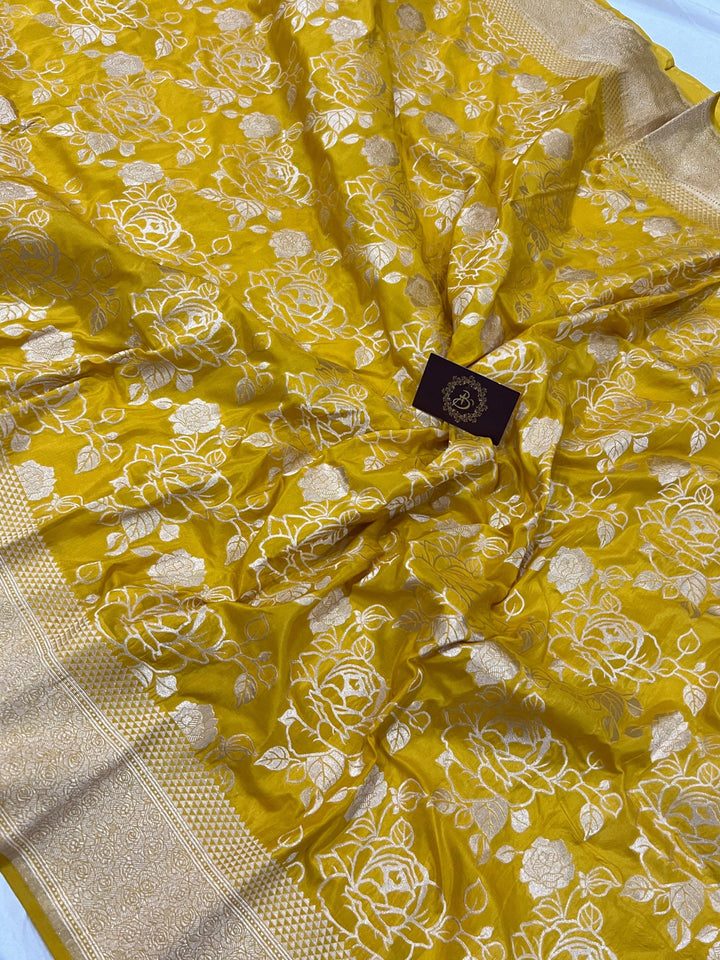 Yellow Pure Banarasi Handloom Katan Silk Saree - Aura Benaras