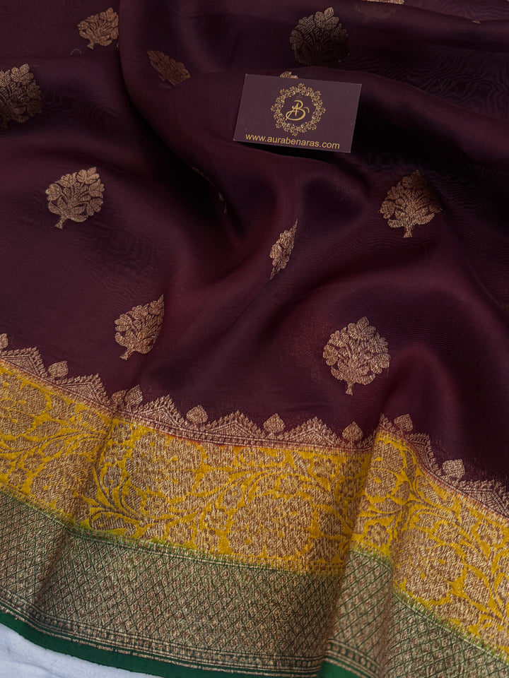 Brown Pure Kora Silk Handloom Banarasi Saree