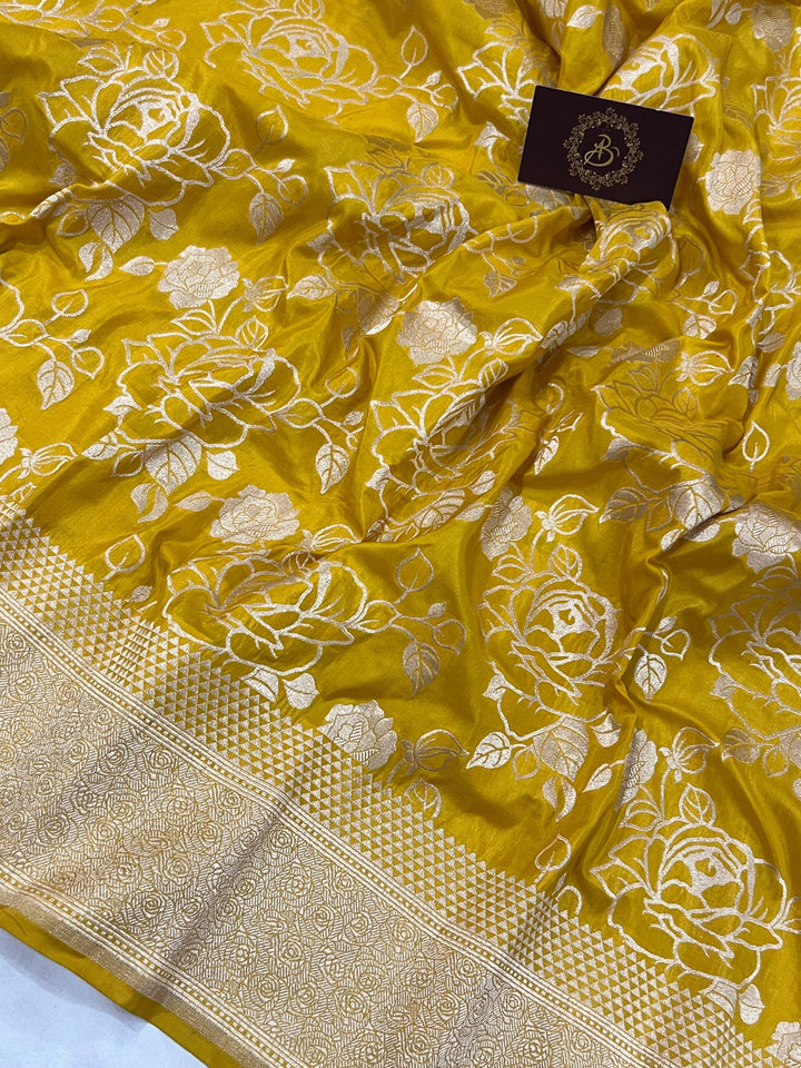 Yellow Pure Banarasi Handloom Katan Silk Saree - Aura Benaras
