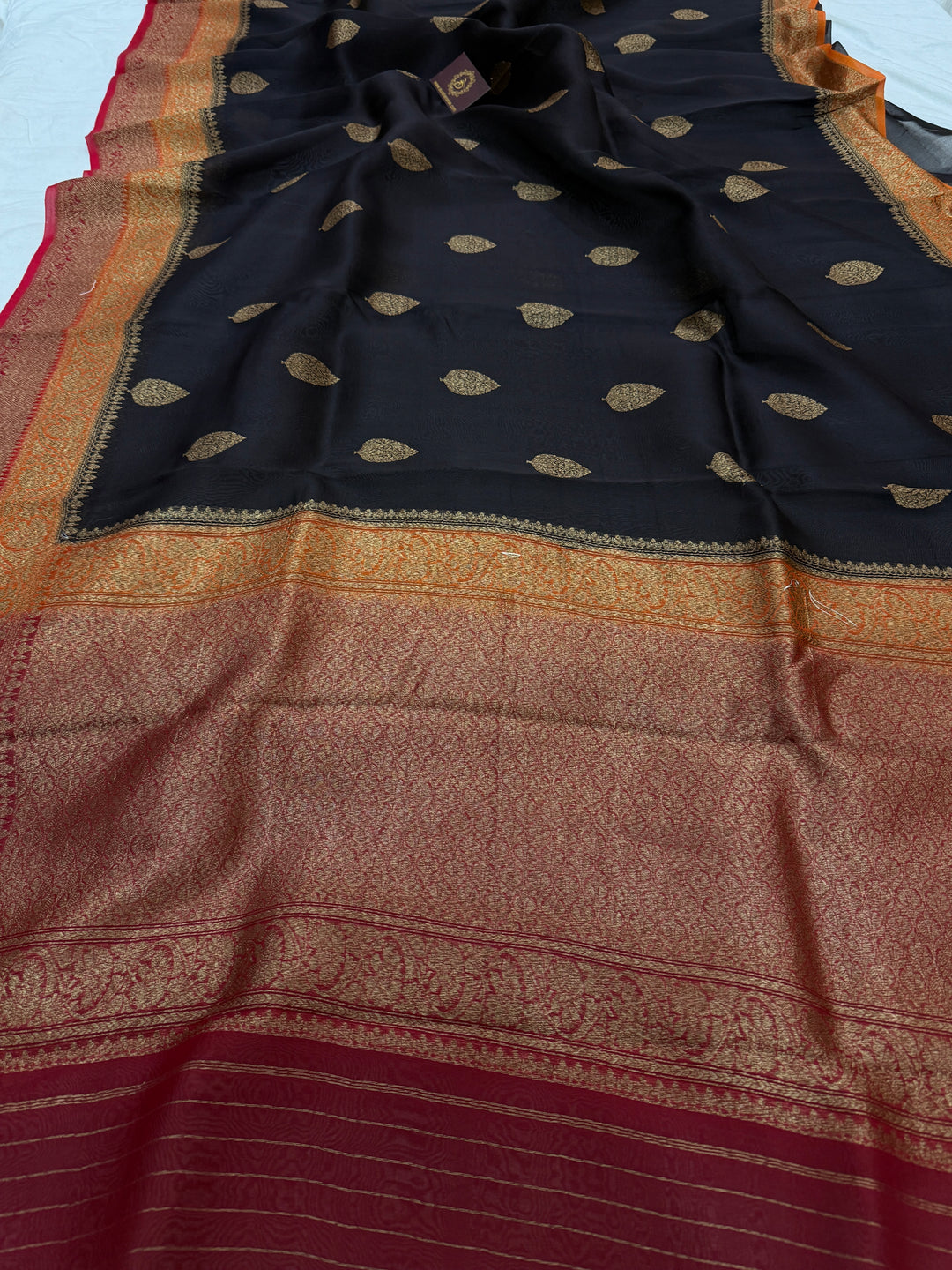 Black Pure Kora Silk Handloom Banarasi Saree