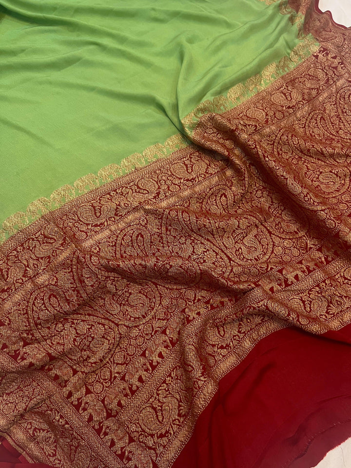 Mehendi Green Pure Banarasi Khaddi Crepe Silk Saree - Aura Benaras
