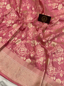 Strawberry Pink Pure Banarasi Handloom Katan Silk Saree - Aura Benaras