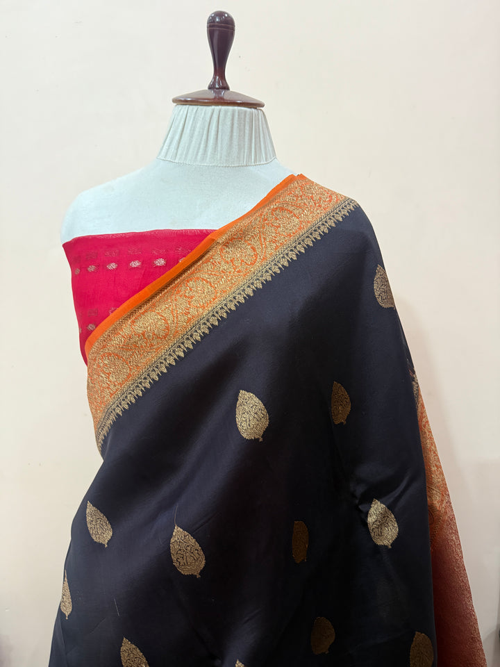 Black Pure Kora Silk Handloom Banarasi Saree