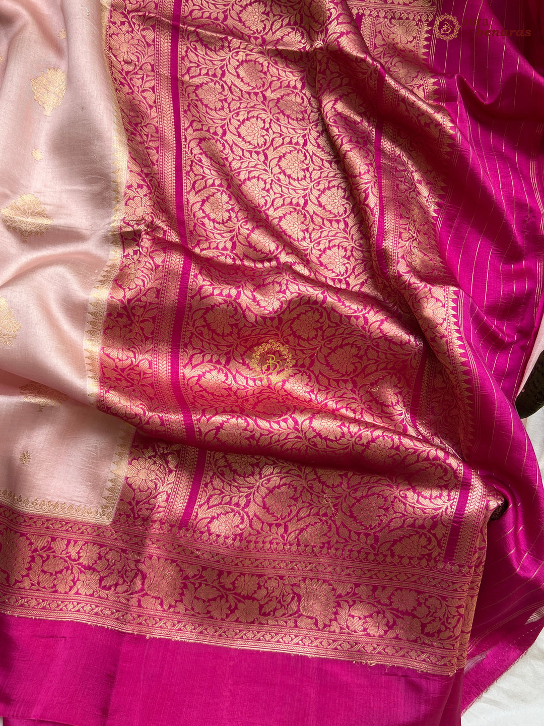 Buy Nude Pink Pure Silk Banarasi Saree – Silver Zari & Mashru Border 