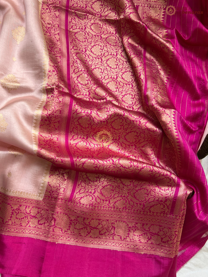 Buy Nude Pink Pure Silk Banarasi Saree – Silver Zari & Mashru Border 