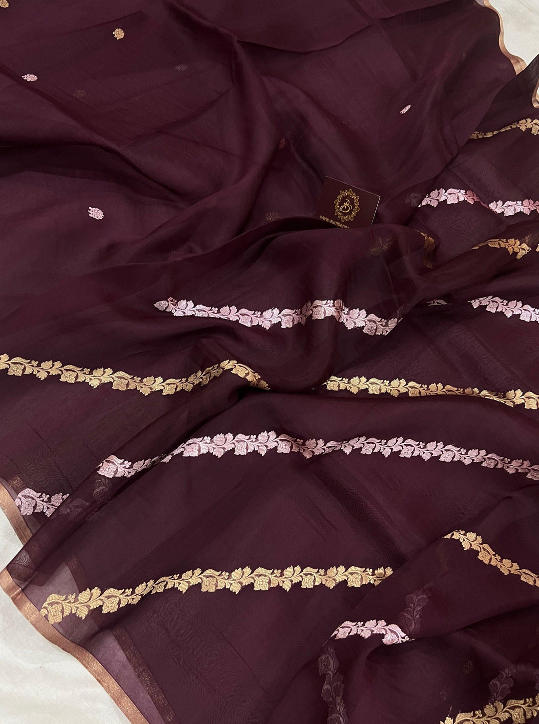 Garnet Banarasi Handloom Kora Silk Saree - Aura Benaras