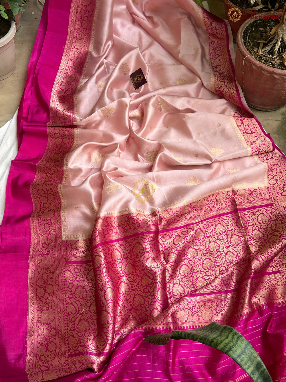 Buy Nude Pink Pure Silk Banarasi Saree – Silver Zari & Mashru Border 