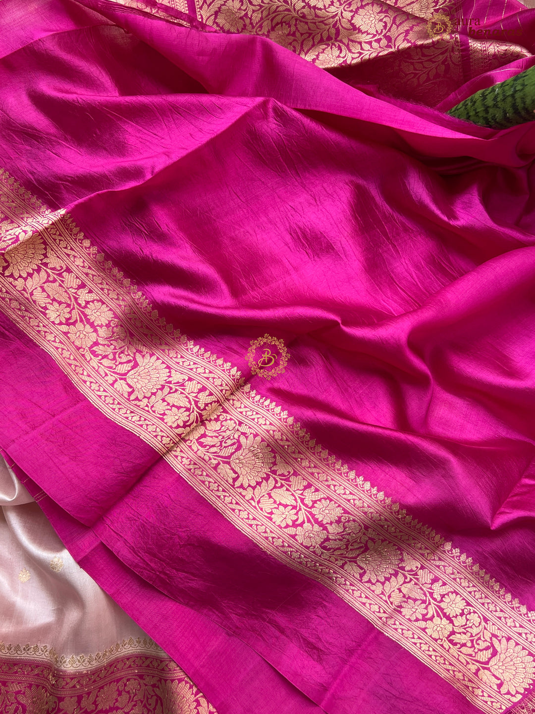 Buy Nude Pink Pure Silk Banarasi Saree – Silver Zari & Mashru Border 