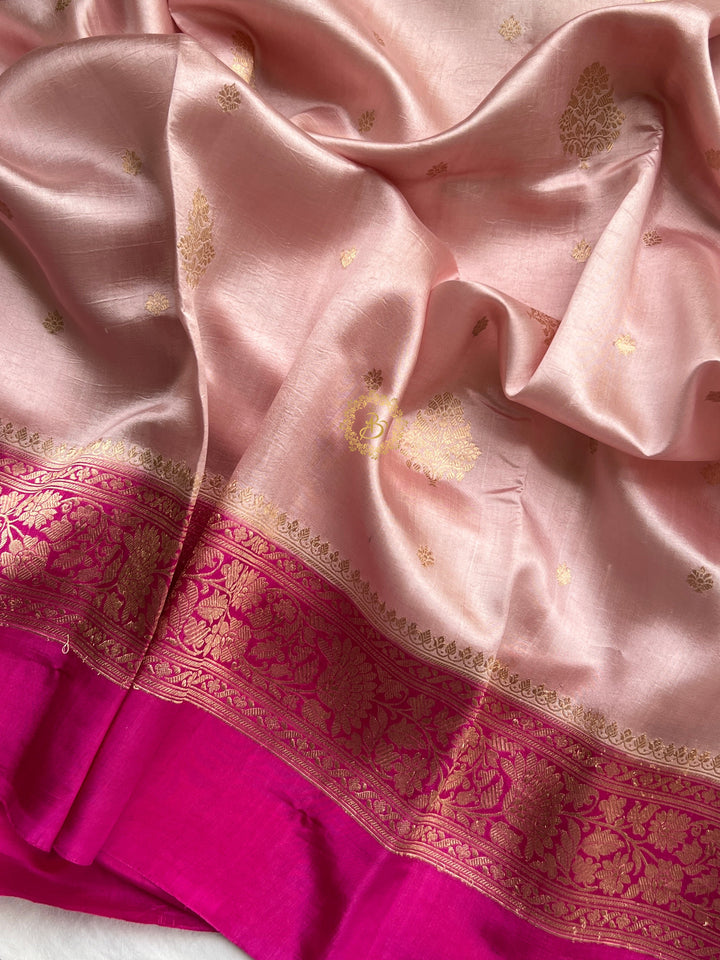 Buy Nude Pink Pure Silk Banarasi Saree – Silver Zari & Mashru Border 