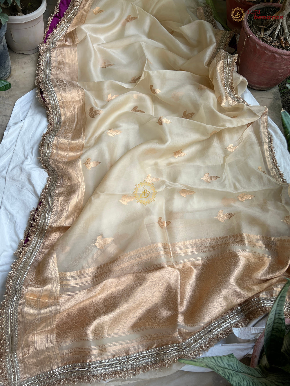 Cream Pure Kora Silk Banarasi Saree with Sona Rupa Zari 