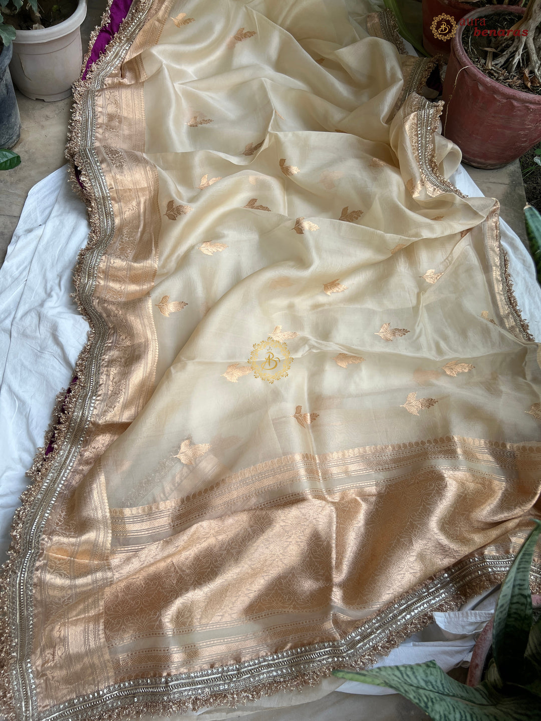 Cream Pure Kora Silk Banarasi Saree with Sona Rupa Zari 