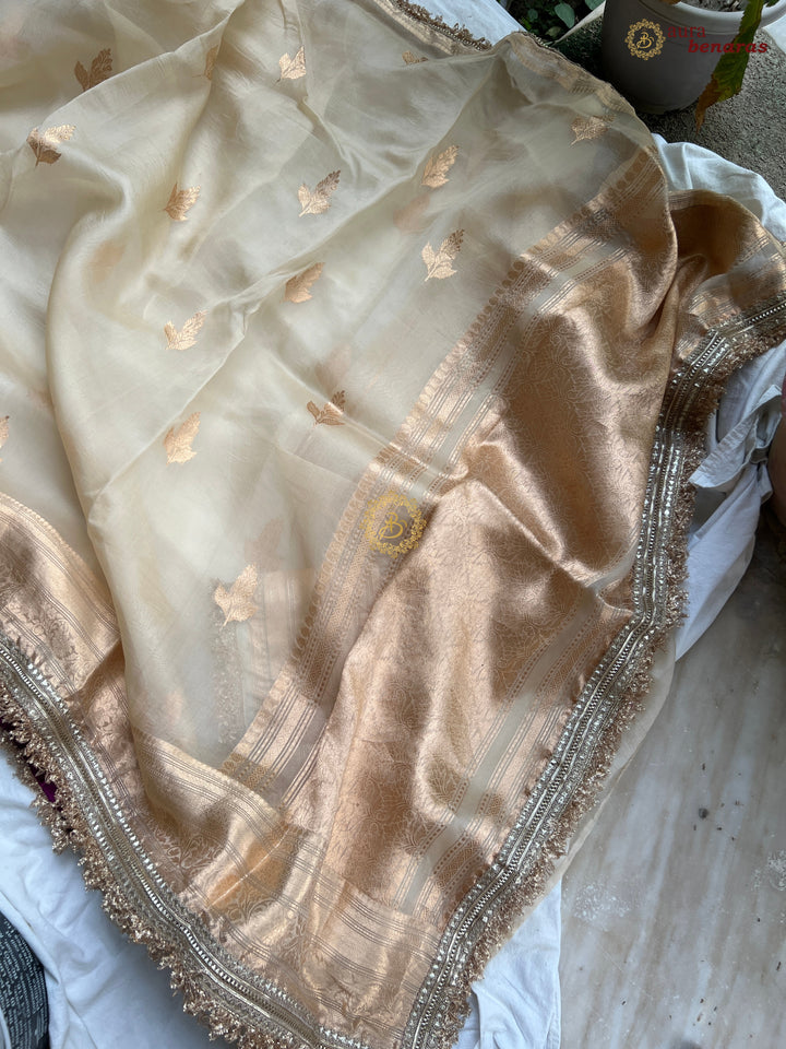 Cream Pure Kora Silk Banarasi Saree with Sona Rupa Zari 