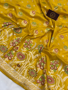 Yellow Meenakari Handloom Pure Katan Silk Saree - Aura Benaras