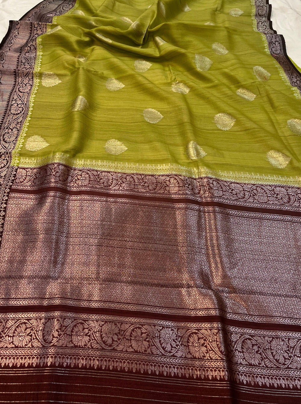 Dusky Green Banarasi Handloom Pure Tussar Silk Saree - Aura Benaras