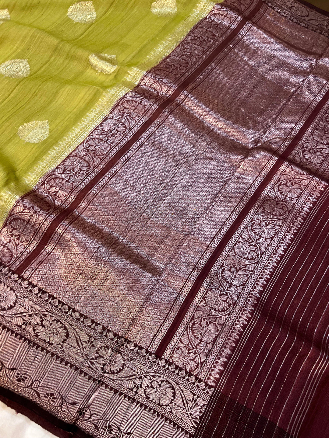 Dusky Green Banarasi Handloom Pure Tussar Silk Saree - Aura Benaras