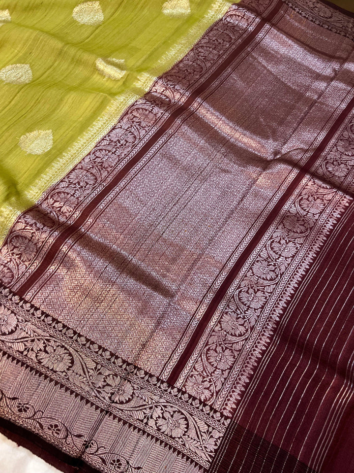 Dusky Green Banarasi Handloom Pure Tussar Silk Saree - Aura Benaras