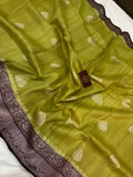 Dusky Green Banarasi Handloom Pure Tussar Silk Saree - Aura Benaras