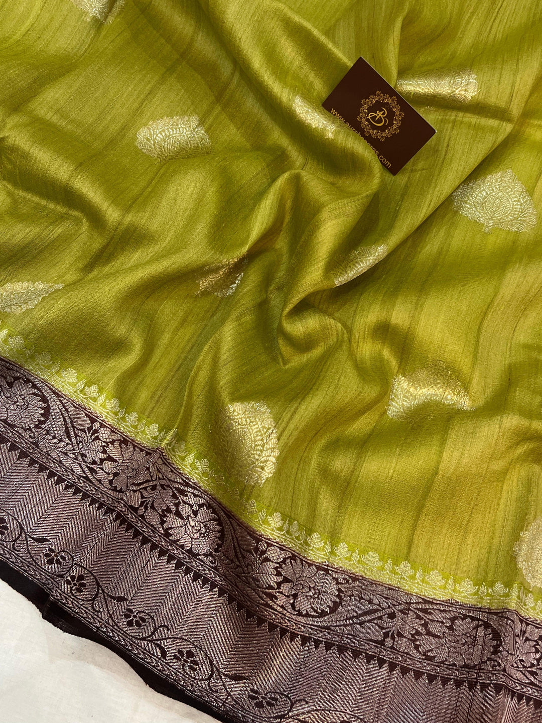 Dusky Green Banarasi Handloom Pure Tussar Silk Saree - Aura Benaras