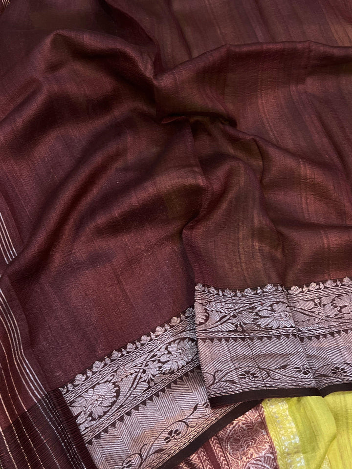 Dusky Green Banarasi Handloom Pure Tussar Silk Saree - Aura Benaras