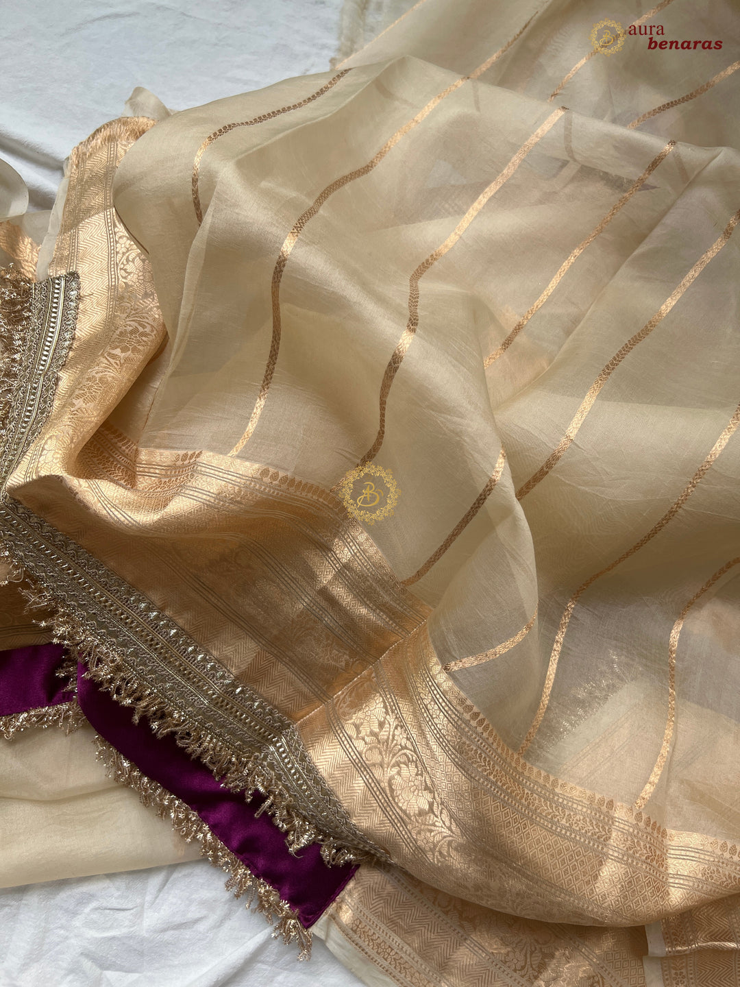 Cream Pure Kora Silk Banarasi Saree with Sona Rupa Zari 