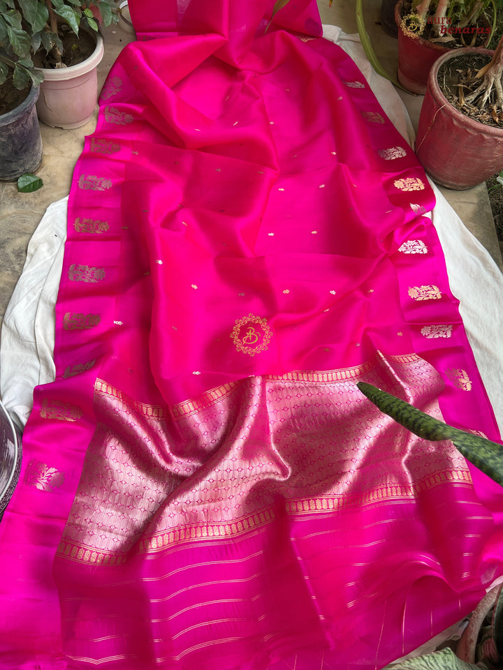 Fuchsia Pink Kora Silk Banarasi Saree with Kadhwa Golden Zari Motif